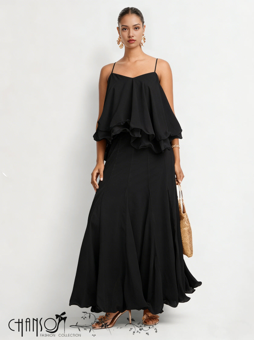 Black layered ruffle evening dress with spaghetti straps and tiered skirt
