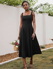 Black sleeveless square-neck midi dress with fitted bodice and flared skirt