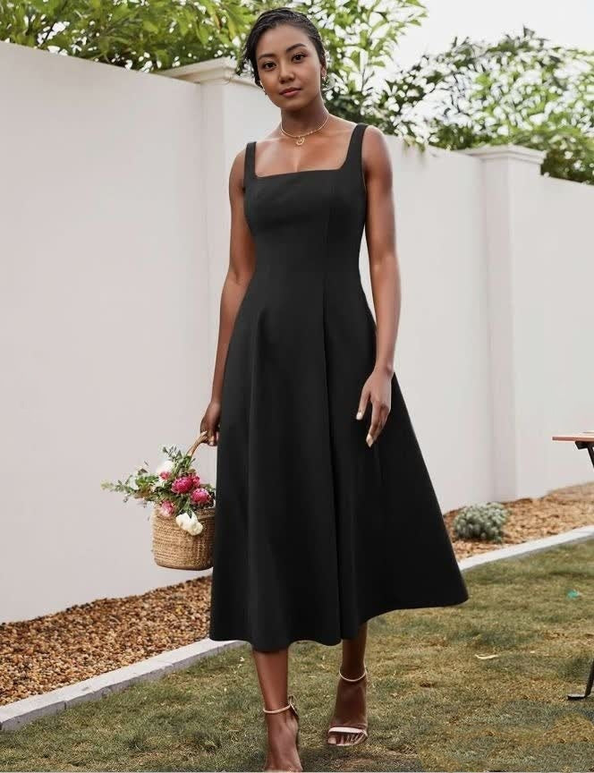 Black sleeveless square-neck midi dress with fitted bodice and flared skirt