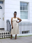 Minimalist Sleeveless Midi Dress with Square Neck and Waist-Defined Silhouette