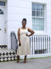 Minimalist Sleeveless Midi Dress with Square Neck and Waist-Defined Silhouette