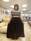 Black pleated maxi dress with floral lace bodice