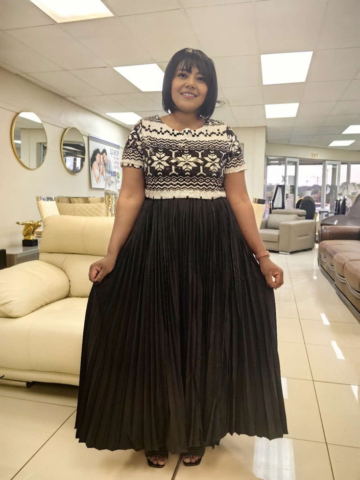 Black pleated maxi dress with floral lace bodice