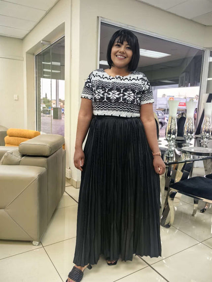 Floral Geometric Pattern Cropped Top with High-Waisted Pleated Maxi Skirt Set