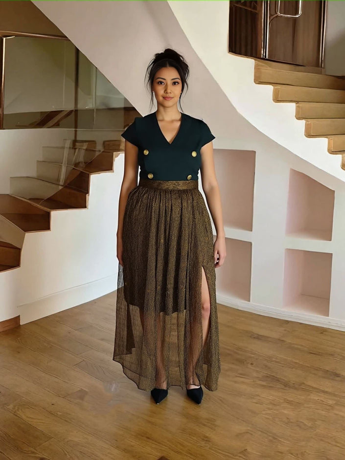 Black mesh evening dress with V-neck bodice, high waist, and slit maxi skirt