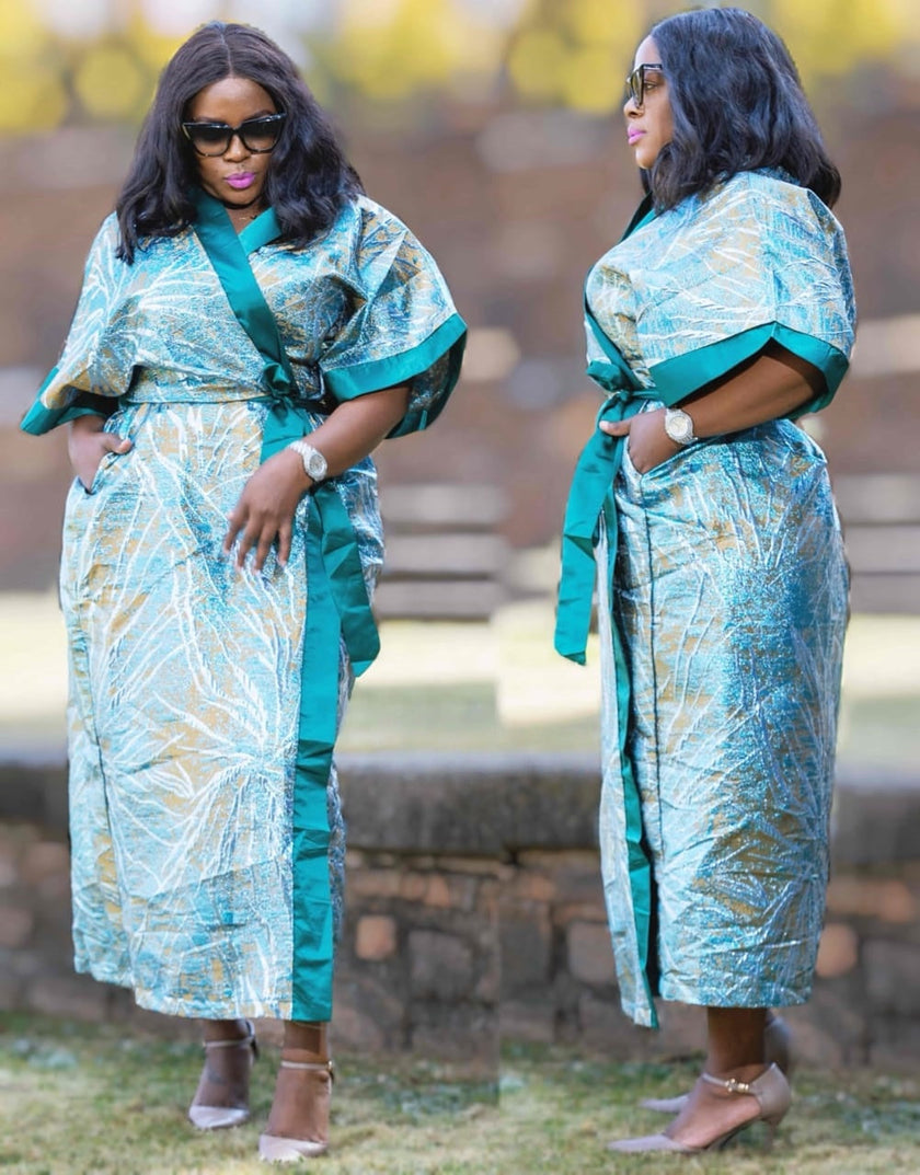 Wrap maxi dress with abstract leaf print, teal-blue, short sleeves, tied waist