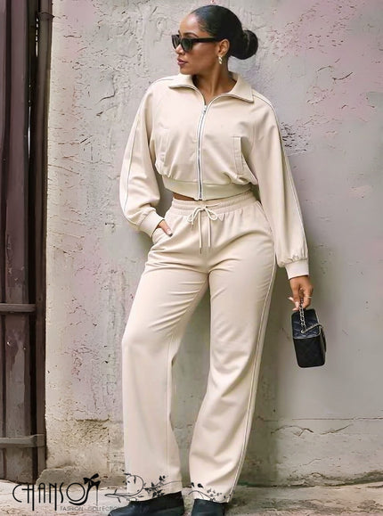 Cropped zip jacket and drawstring pants set, nude
