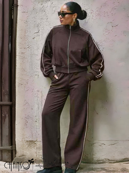 Brown zip-up cropped jacket and drawstring pants set with side stripe