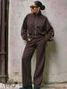 Brown zip-up cropped jacket and drawstring pants set with side stripe