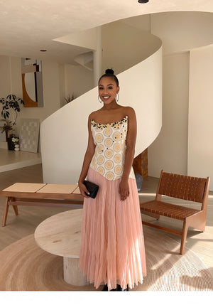 Blush two-piece set: strapless printed cami top and tulle maxi skirt