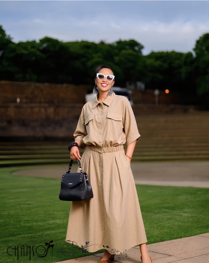 Khaki two-piece shirt and midi skirt set, collared half sleeves, elastic waist, pockets