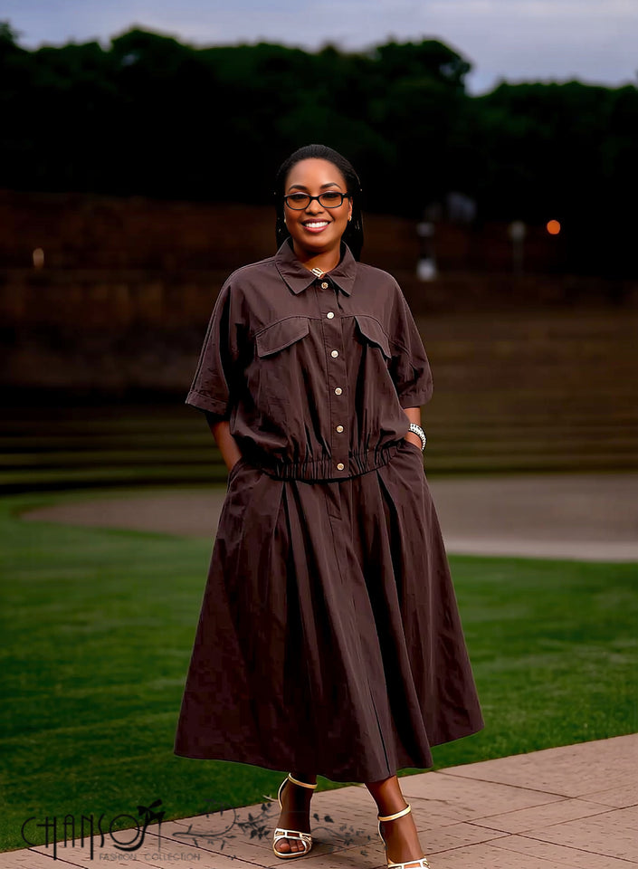 Dark brown two-piece shirt and midi skirt set, collared half sleeves, elastic waist