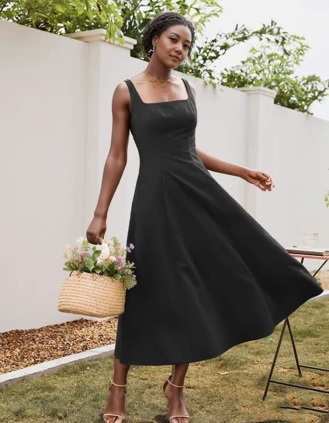 Black sleeveless square-neck midi dress with flared skirt and wide straps