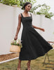 Black sleeveless square-neck midi dress with flared skirt and wide straps