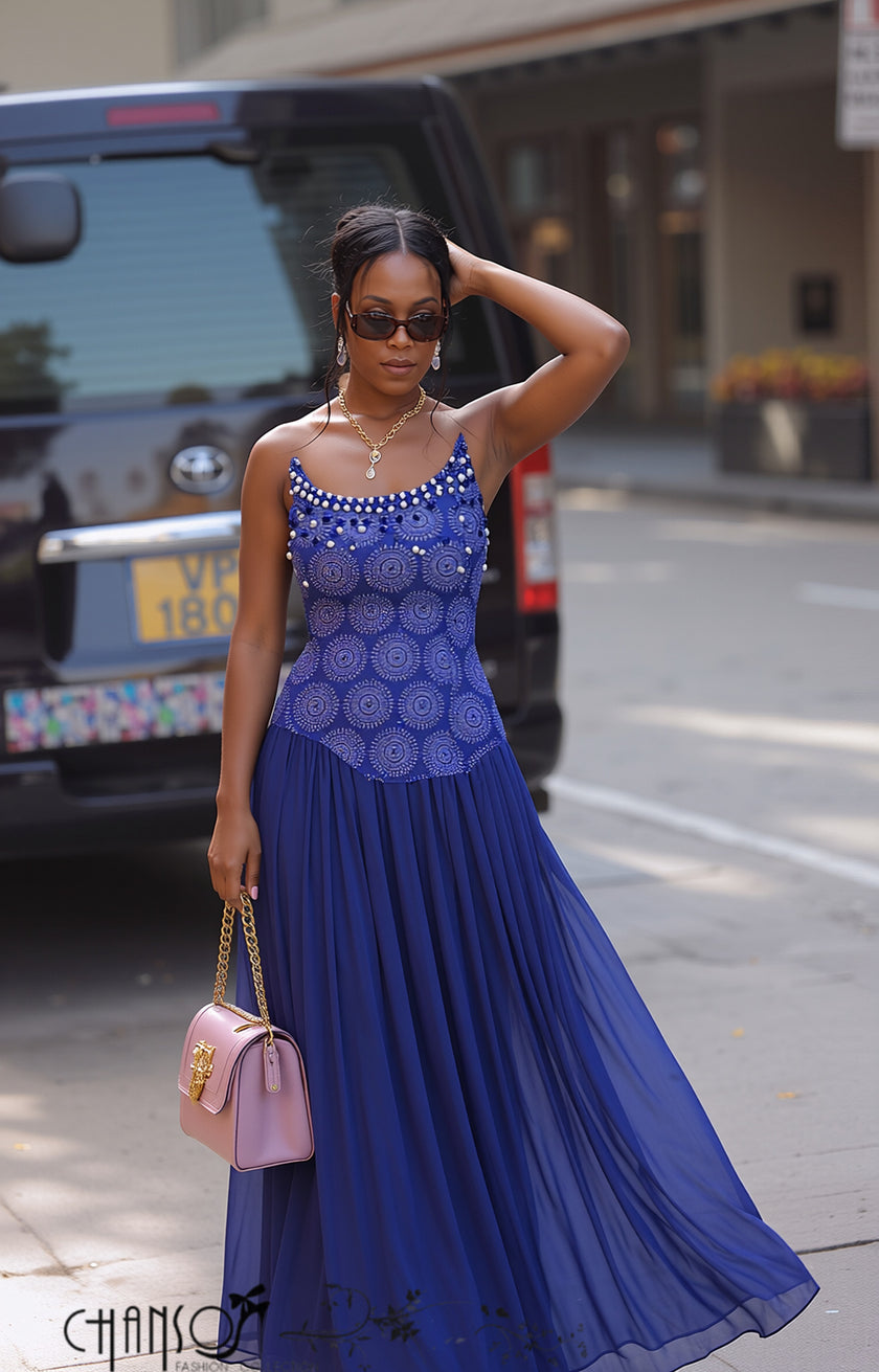 Women's blue embellished beaded flowing maxi evening dress
