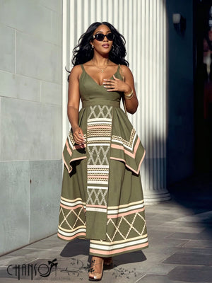 Green spaghetti-strap V-neck tribal print semi-formal dress with patterned border hem