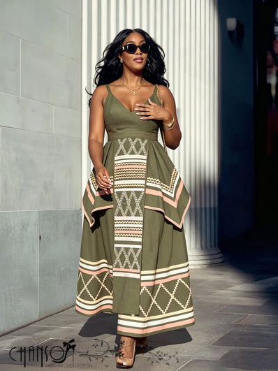 Green spaghetti-strap V-neck tribal print semi-formal dress with patterned border hem
