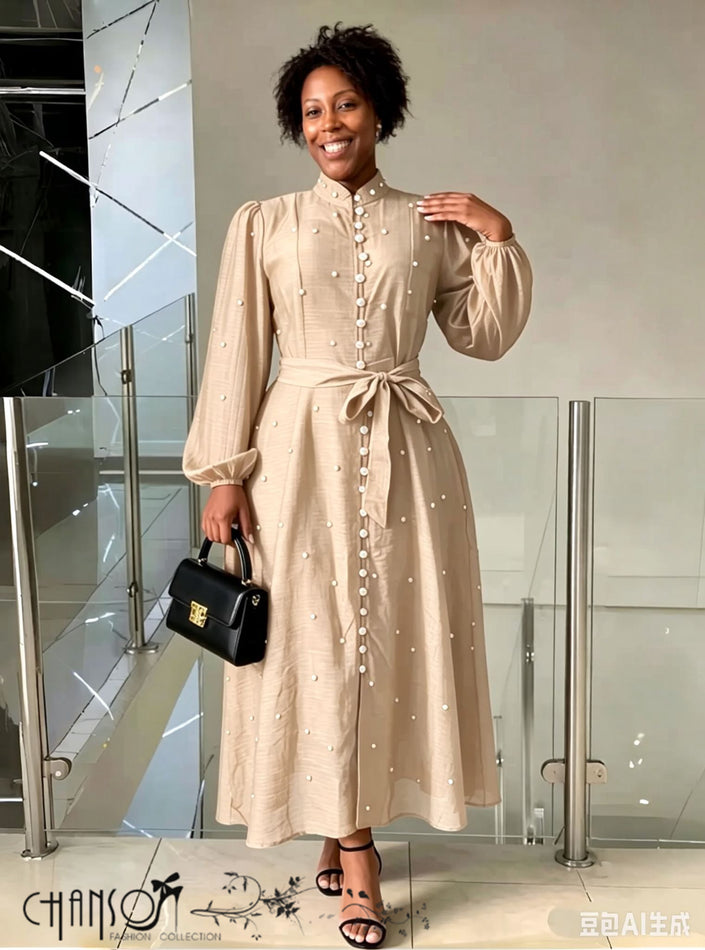 Stand Collar Balloon Sleeve Midi Dress All Over Dot Bead Self Tie Waist Event Dress