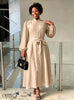Beige midi dress with stand collar, dot beaded detailing, balloon sleeves, self-tie waist