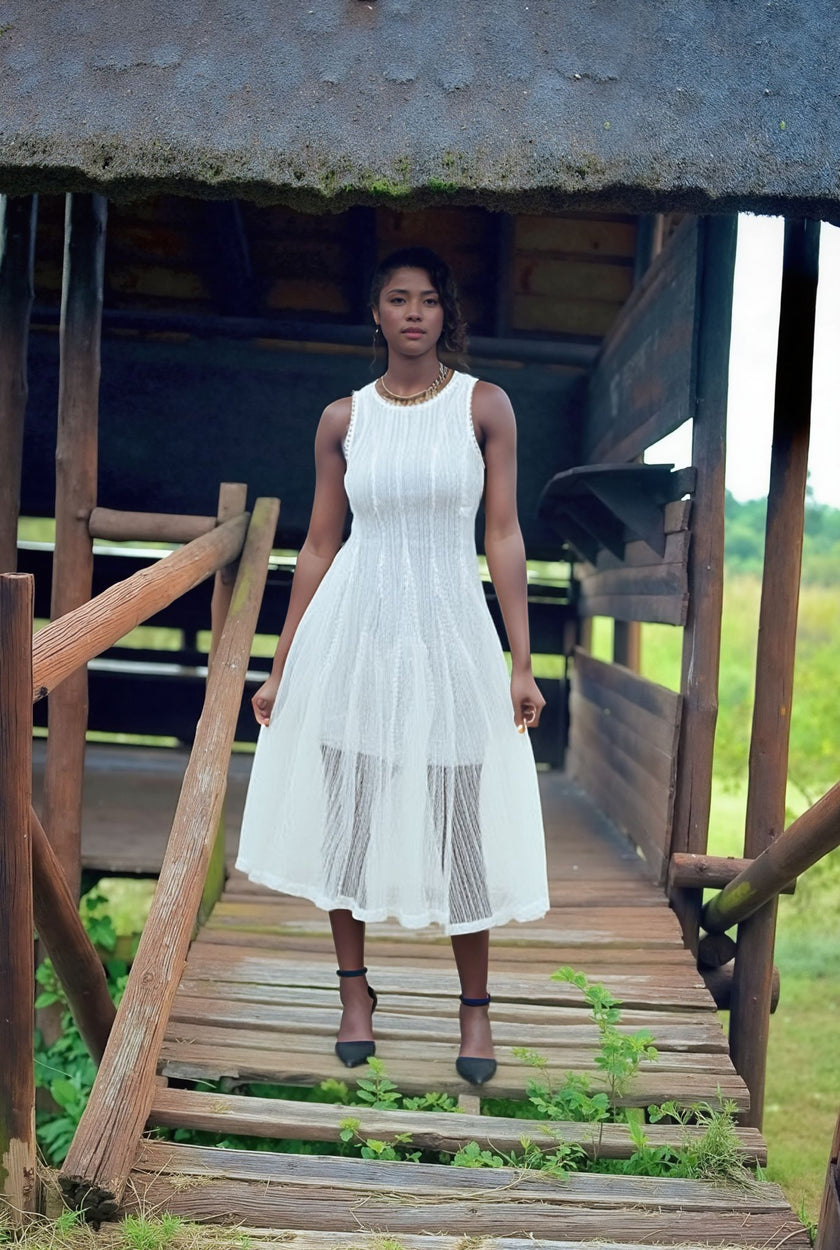 Ribbed knit midi dress, sleeveless round neck, A-line skirt, white