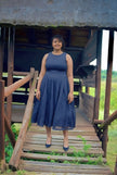 Ribbed knit midi dress, sleeveless round neck, A-line skirt, dark color