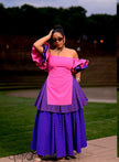 Pink purple printed off shoulder ruffle sleeve tiered traditional maxi dress for women