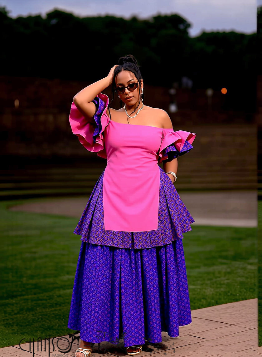 Pink purple printed off shoulder ruffle sleeve tiered traditional maxi dress for women