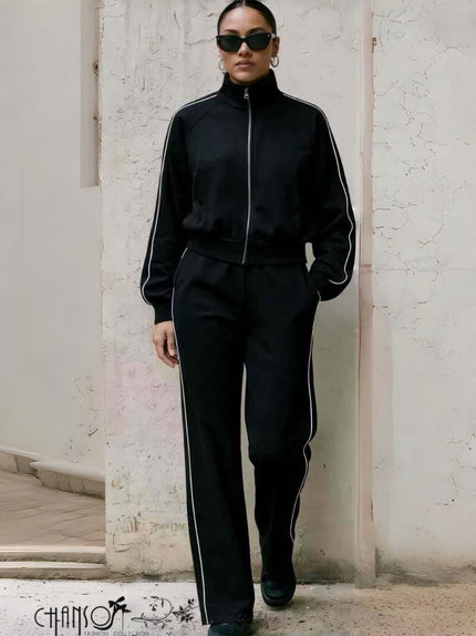 Black cropped zip jacket and drawstring pants set with elastic waist and cuffs