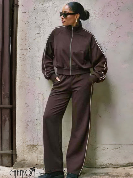 Brown cropped zip jacket and drawstring pants set with elastic cuffs and waistband