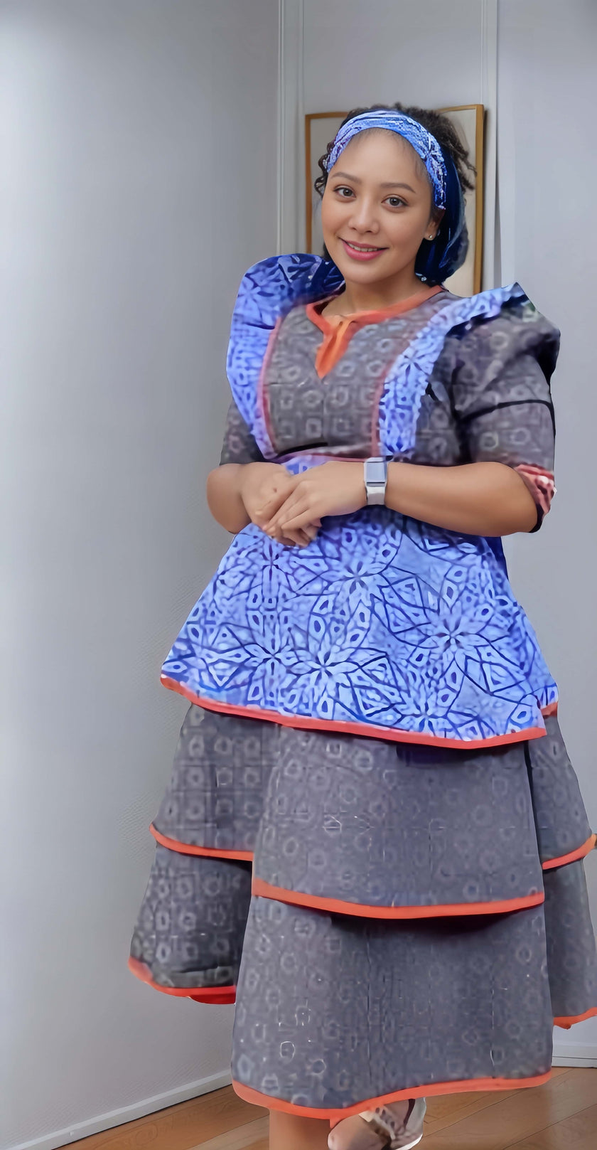 Traditional Dress with Geometric Pattern, Peplum Waist, and Tiered Skirt