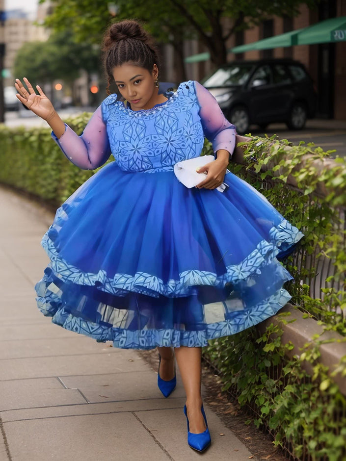 Floral mesh patchwork midi dress with blue ruffled tulle skirt