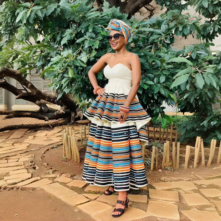 Traditional Flared Skirt Dress with Horizontal Stripe Design