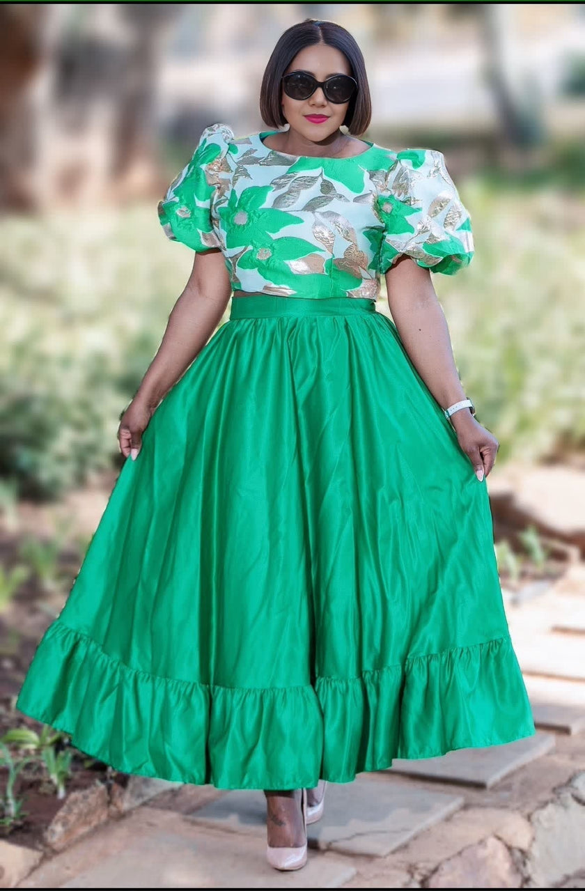 Green floral puff-sleeve top and tiered ruffle skirt set