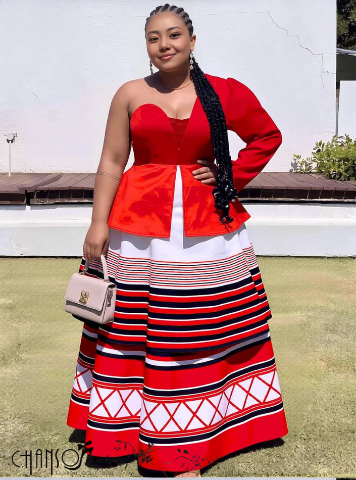 Red one-shoulder maxi dress with striped tiered skirt and patterned hem