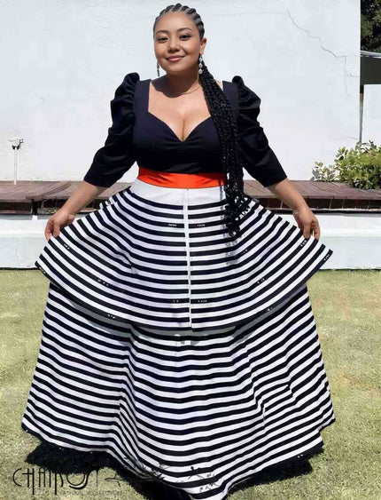Black striped puff sleeve maxi dress with tiered skirt and square neckline