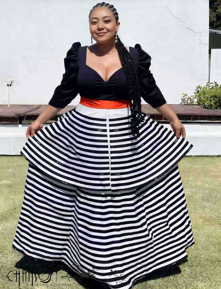 Black striped puff sleeve maxi dress with tiered skirt and square neckline