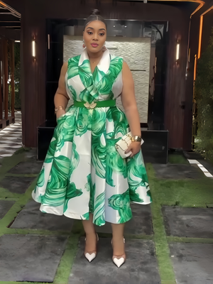 Collared Sleeveless Floral Print Belted Midi Dress