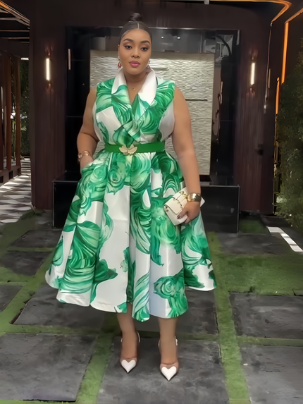Green floral sleeveless collared midi dress with waist belt, buttoned bodice