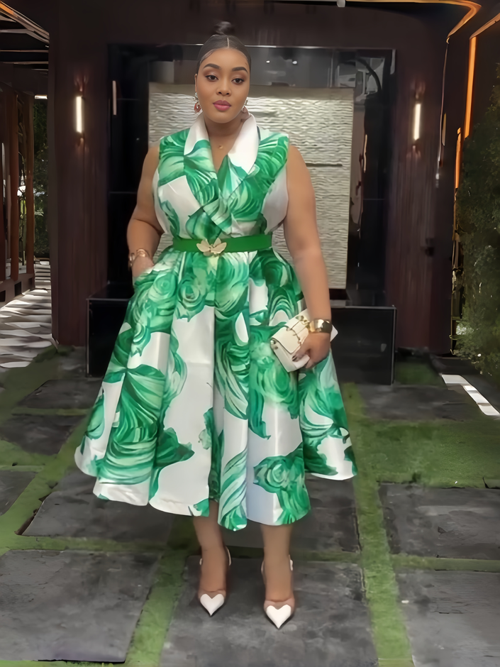 Green floral sleeveless collared midi dress with waist belt, buttoned bodice