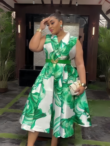 Green floral sleeveless collared midi dress with belted waist and full skirt