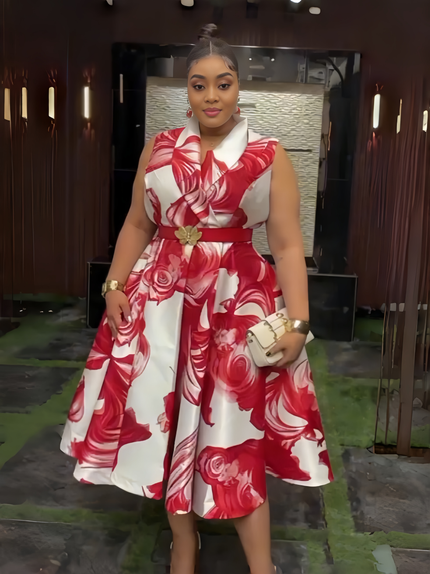 Red floral sleeveless collared midi dress with waist belt, gold button detail