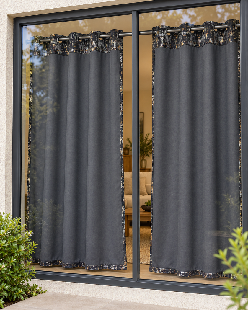 Dark gray eyelet curtains with abstract speckled border, hung on black metal grommets