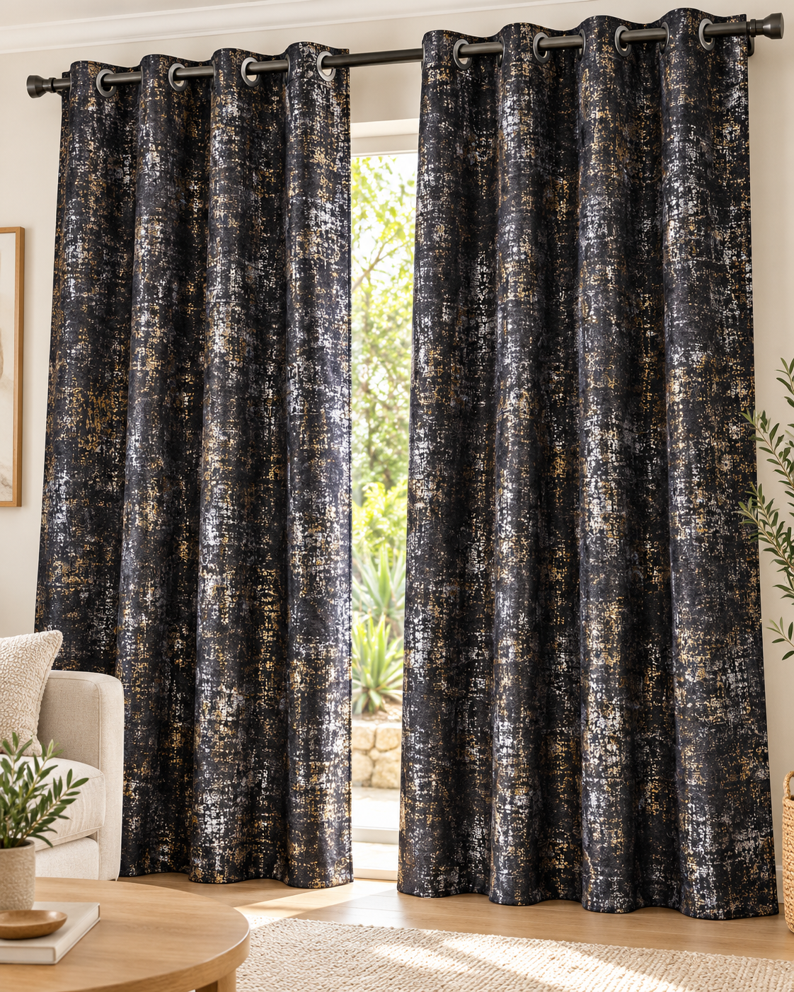 Black eyelet curtains with abstract speckled pattern, hung on dark metal grommets