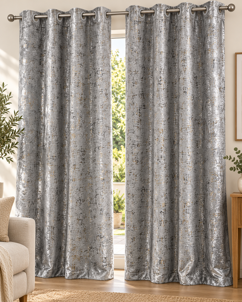 Light gray eyelet curtains with abstract speckled pattern, hung on gray metal grommets