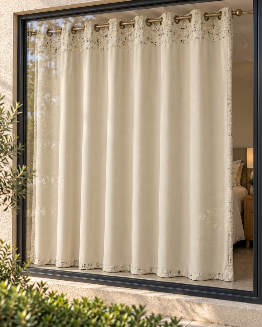 Cream eyelet curtains with abstract speckled pattern, hanging on bronze metal rings