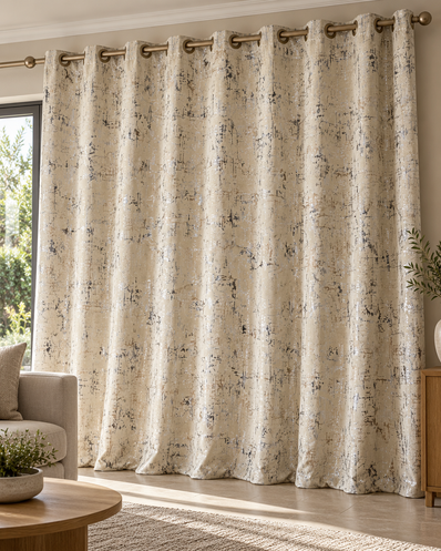 Cream eyelet curtains with abstract speckled pattern, topped with bronze metal grommets