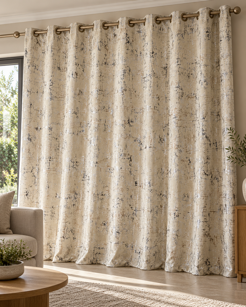 Cream eyelet curtains with abstract speckled pattern, topped with bronze metal grommets