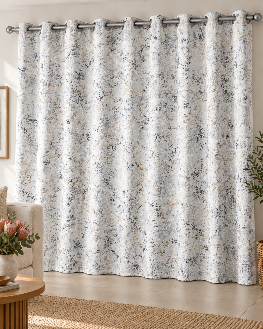 White blackout curtain with eyelet top and speckled jacquard texture