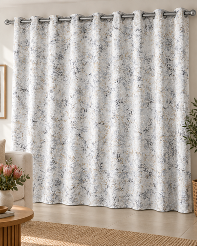 White blackout curtain with eyelet top and speckled jacquard texture