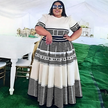 Women’s midi dress with geometric stripe skirt, short sleeves, fitted waist, black and cream
